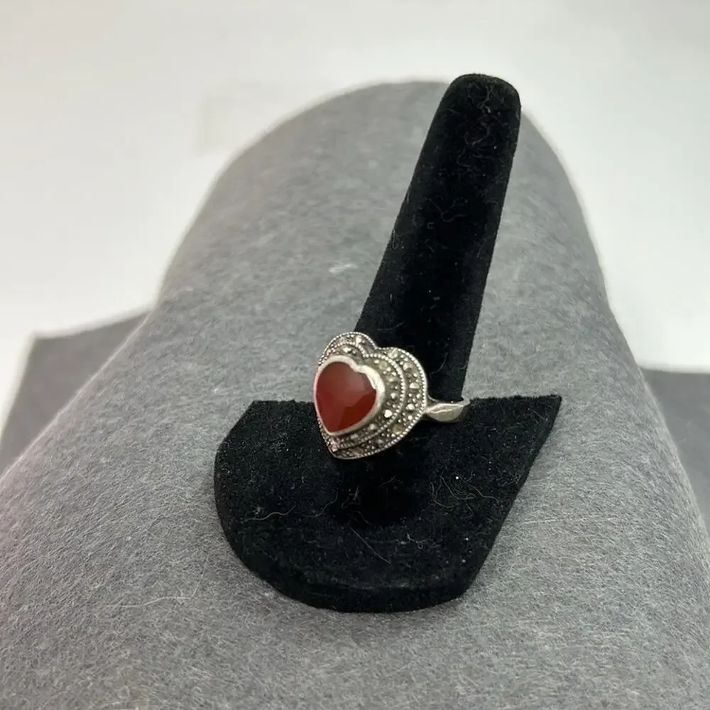 Vintage Sterling Silver Natural Carnelian and Marcasite Heart Shaped Ring Size 8